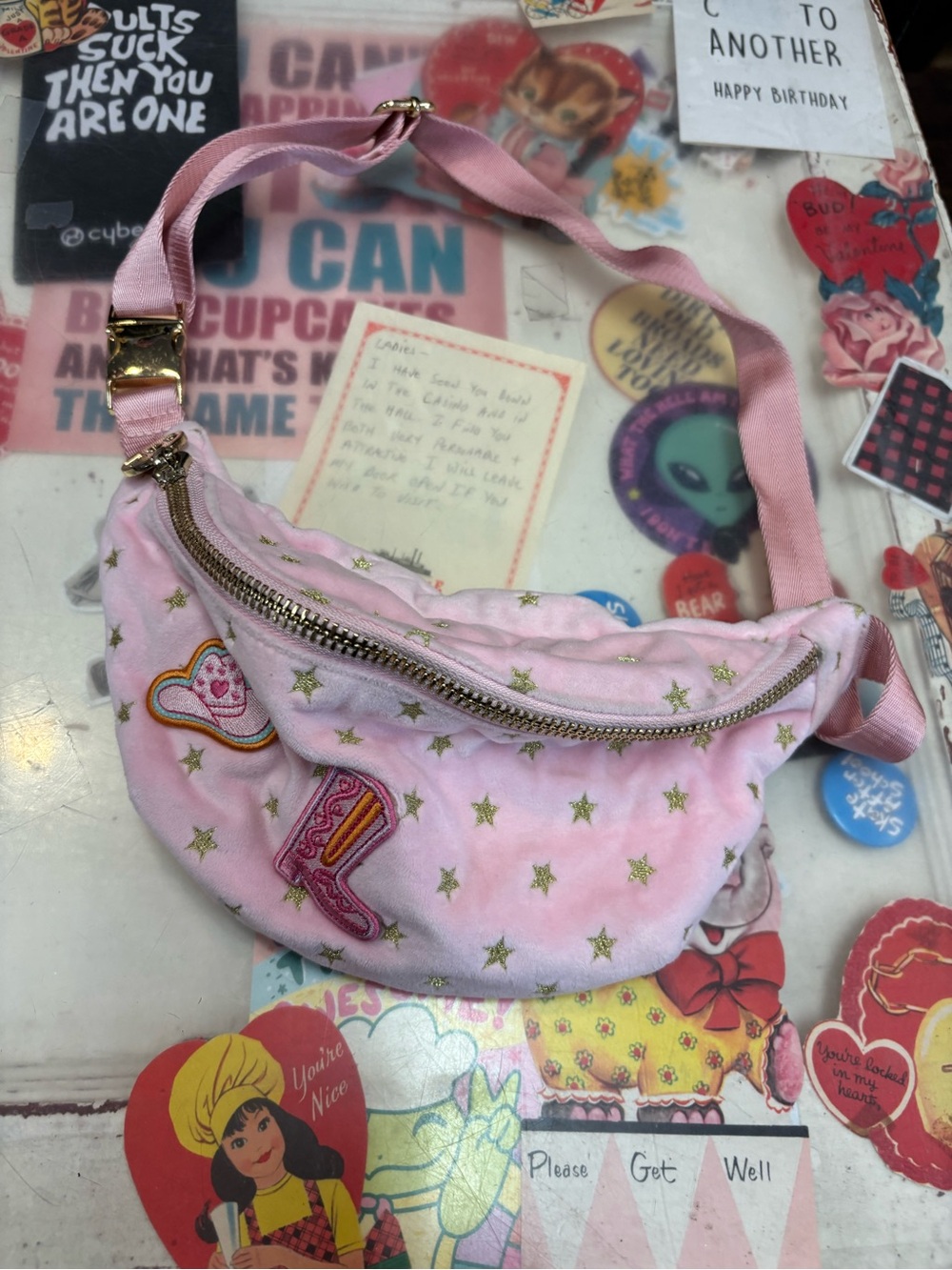Stoney Clover Lane Pink Velvet Star Patch Crossbody Bag